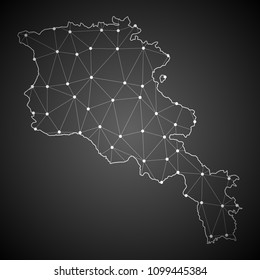 Abstract Mash Line and Point Scales on The Dark Gradient Background With Map of Armenia. 3D Mesh Polygonal Network Connections.Vector illustration eps10.