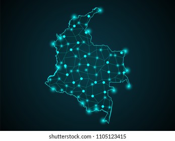 Abstract mash line and point scales on dark background with map of Colombia. Wire frame 3D mesh polygonal network line, design sphere, dot and structure. Vector illustration eps 10.