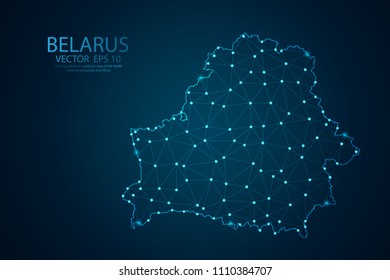 Abstract mash line and point scales on dark background with Map of Belarus. Wire frame 3D mesh polygonal network line, polygon design sphere, dot and structure. Vector illustration eps 10.