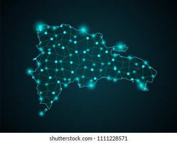 Abstract mash line and point scales on dark background with map of Dominican Republic. 3D mesh polygonal network line, design sphere, dot and structure. Vector map of dominican Republic with glowing