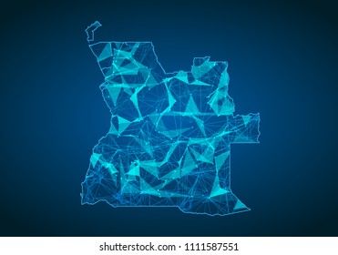 Abstract mash line and point scales on dark background with map of angola. Abstract network vector concept of angola. Internet and connection map background. Triangle, dot ,line Vector.