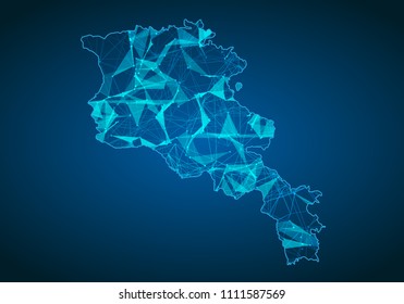 Abstract mash line and point scales on dark background with map of armenia. Abstract network vector concept of armenia. Internet and connection map background. Triangle, dot ,line Vector.