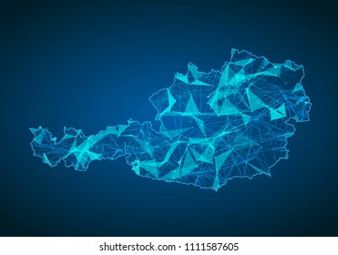 Abstract mash line and point scales on dark background with map of austria. Abstract network vector concept of austria. Internet and connection map background. Triangle, dot ,line Vector.