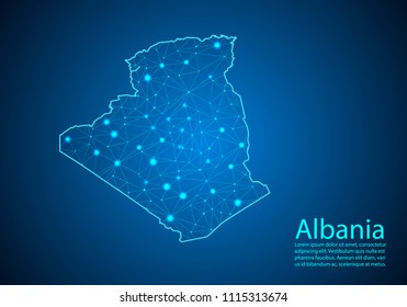 Abstract mash line and point scales on dark background with map of algeria. Best Internet Concept of algeria business from concepts series. Wire frame 3D mesh polygonal network line and dots.