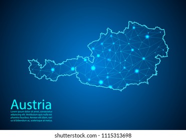 Abstract mash line and point scales on dark background with map of austria. Best Internet Concept of austria business from concepts series. Wire frame 3D mesh polygonal network line and dots.