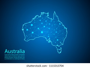 Abstract mash line and point scales on dark background with map of australia. Best Internet Concept of australia business from concepts series. Wire frame 3D mesh polygonal network line and dots.