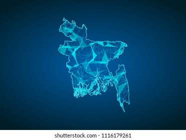 Abstract mash line and point scales on dark background with map of bangladesh. Abstract network vector concept of bangladesh. Internet and connection map background. Triangle, dot ,line Vector.