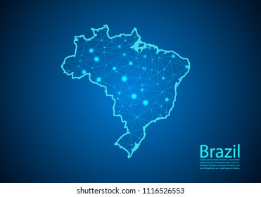 Abstract mash line and point scales on dark background with map of brazil. Best Internet Concept of brazil business from concepts series. Wire frame 3D mesh polygonal network line and dots.