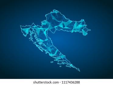 Abstract mash line and point scales on dark background with map of croatia. Abstract network vector concept of croatia. Internet and connection map background. Triangle, dot ,line Vector.