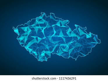 Abstract mash line and point scales on dark background with map of czech Republic. Abstract network vector concept of czech Republic. Internet and connection map background. Triangle, dot ,line Vector