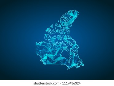 Abstract mash line and point scales on dark background with map of canada. Abstract network vector concept of canada. Internet and connection map background. Triangle, dot ,line Vector.