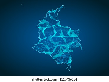 Abstract mash line and point scales on dark background with map of colombia. Abstract network vector concept of colombia. Internet and connection map background. Triangle, dot ,line Vector.