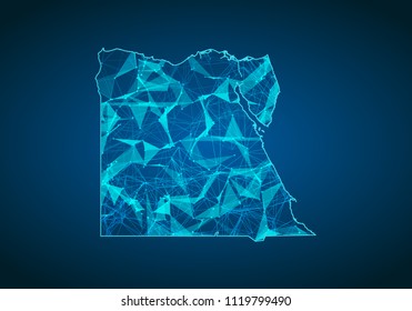 Abstract mash line and point scales on dark background with map of egypt. Abstract network vector concept of egypt. Internet and connection map background. Triangle, dot ,line Vector.