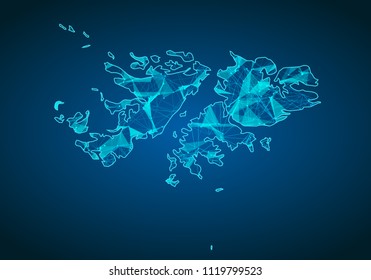 Abstract mash line and point scales on dark background with map of falkland Islands. Abstract network vector concept of falkland Islands. Internet and connection map background. Triangle, dot ,line