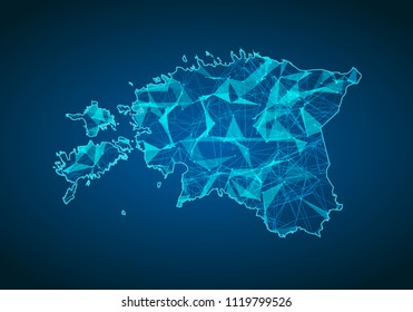 Abstract mash line and point scales on dark background with map of estonia. Abstract network vector concept of estonia. Internet and connection map background. Triangle, dot ,line Vector.