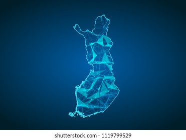 Abstract mash line and point scales on dark background with map of finland. Abstract network vector concept of finland. Internet and connection map background. Triangle, dot ,line Vector.