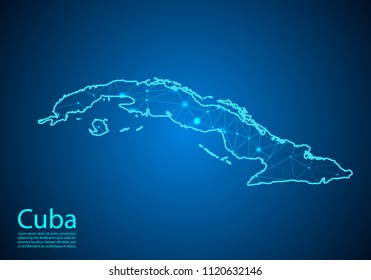 Abstract mash line and point scales on dark background with map of cuba. Best Internet Concept of cuba business from concepts series. Wire frame 3D mesh polygonal network line and dots.