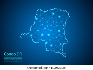 Abstract mash line and point scales on dark background with map of congo DR. Best Internet Concept of congo DR business from concepts series. Wire frame 3D mesh polygonal network line and dots.