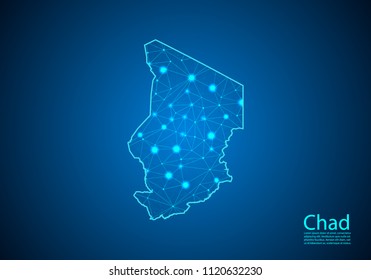 Abstract mash line and point scales on dark background with map of chad. Best Internet Concept of chad business from concepts series. Wire frame 3D mesh polygonal network line and dots.