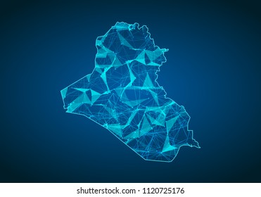 Abstract mash line and point scales on dark background with map of iraq. Abstract network vector concept of iraq. Internet and connection map background. Triangle, dot ,line Vector.