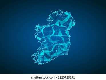 Abstract mash line and point scales on dark background with map of ireland. Abstract network vector concept of ireland. Internet and connection map background. Triangle, dot ,line Vector.
