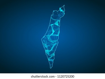 La línea de la mezcla abstracta y los puntos escalan sobre un fondo oscuro con un mapa de la Palestina israelita. Concepto abstracto de vector de red de israel Palestina. Fondo del mapa de conexión e Internet. Triángulo, punto, línea