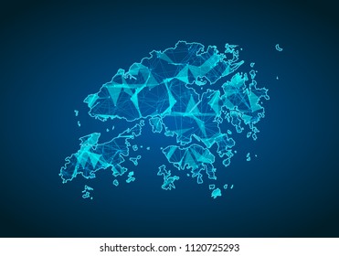 Abstract mash line and point scales on dark background with map of hong Kong. Abstract network vector concept of hong Kong. Internet and connection map background. Triangle, dot ,line Vector.