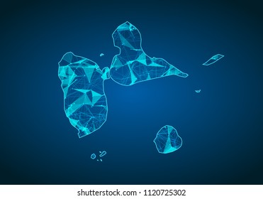 Abstract mash line and point scales on dark background with map of guadeloupe. Abstract network vector concept of guadeloupe. Internet and connection map background. Triangle, dot ,line Vector.