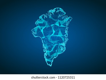 Abstract mash line and point scales on dark background with map of greenland. Abstract network vector concept of greenland. Internet and connection map background. Triangle, dot ,line Vector.