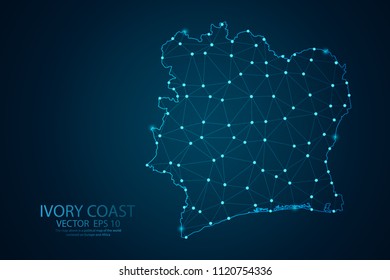 Abstract mash line and point scales on dark background with Map of Ivory Coast. Wire frame 3D mesh polygonal network line, polygon design sphere, dot and structure. Vector illustration eps 10.