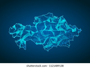 Abstract mash line and point scales on dark background with map of kazakhstan. Abstract network vector concept of kazakhstan. Internet and connection map background. Triangle, dot ,line Vector.