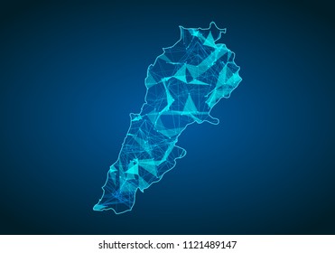 Abstrakte Mash-Linie und Punktwaage auf dunklem Hintergrund mit Karte von lebanon. Abstraktes Netzwerk Vektorillustration Konzept von lebanon. Internet- und Verbindungspapierhintergrund. Dreieck, Punkt, Vektorillustration.