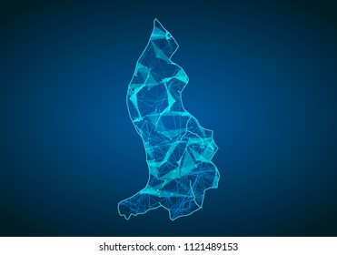 Abstract mash line and point scales on dark background with map of liechtenstein. Abstract network vector concept of liechtenstein. Internet and connection map background. Triangle, dot ,line Vector.