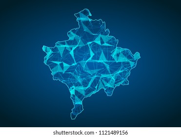 Abstract mash line and point scales on dark background with map of kosovo. Abstract network vector concept of kosovo. Internet and connection map background. Triangle, dot ,line Vector.