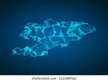 Abstract mash line and point scales on dark background with map of kyrgyzstan. Abstract network vector concept of kyrgyzstan. Internet and connection map background. Triangle, dot ,line Vector.