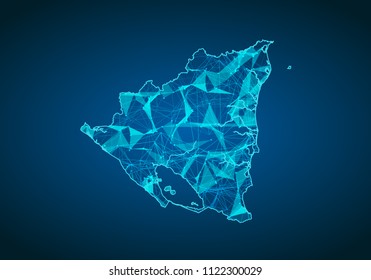 Abstract mash line and point scales on dark background with map of nicaragua. Abstract network vector concept of nicaragua. Internet and connection map background. Triangle, dot ,line Vector.