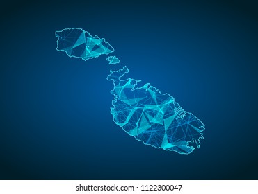 Abstract mash line and point scales on dark background with map of malta. Abstract network vector concept of malta. Internet and connection map background. Triangle, dot ,line Vector.