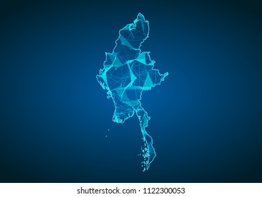Abstract mash line and point scales on dark background with map of myanmar. Abstract network vector concept of myanmar. Internet and connection map background. Triangle, dot ,line Vector.