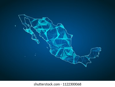 Abstract mash line and point scales on dark background with map of mexico. Abstract network vector concept of mexico. Internet and connection map background. Triangle, dot ,line Vector.