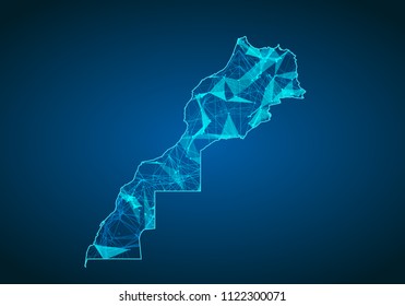 Abstract mash line and point scales on dark background with map of morocco. Abstract network vector concept of morocco. Internet and connection map background. Triangle, dot ,line Vector.