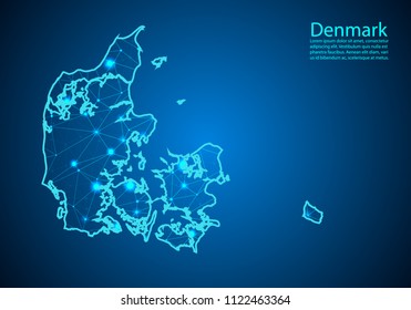 Abstract mash line and point scales on dark background with map of denmark. Best Internet Concept of denmark business from concepts series. Wire frame 3D mesh polygonal network line and dots.