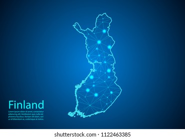 Abstract mash line and point scales on dark background with map of finland. Best Internet Concept of finland business from concepts series. Wire frame 3D mesh polygonal network line and dots.