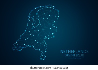 Abstract mash line and point scales on Dark background with map of Netherlands. Wire frame 3D mesh polygonal network line, design polygon sphere, dot and structure. Vector illustration eps 10.