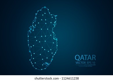 Abstract mash line and point scales on Dark background with map of Qatar. Wire frame 3D mesh polygonal network line, design polygon sphere, dot and structure. Vector illustration eps 10.