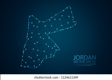 Abstract mash line and point scales on Dark background with map of Jordan. Wire frame 3D mesh polygonal network line, design polygon sphere, dot and structure. Vector illustration eps 10.