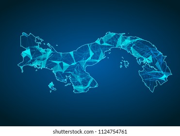 Abstract mash line and point scales on dark background with map of panama. Abstract network vector concept of panama. Internet and connection map background. Triangle, dot ,line Vector.