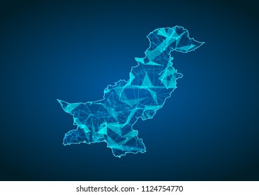 Abstract mash line and point scales on dark background with map of pakistan. Abstract network vector concept of pakistan. Internet and connection map background. Triangle, dot ,line Vector.