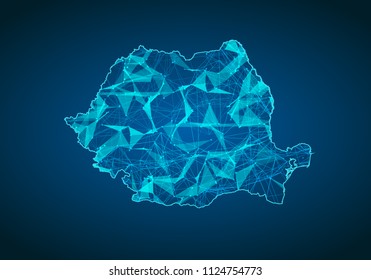 Línea de purga abstracta y escala de puntos sobre fondo oscuro con mapa de romanía. Concepto abstracto de vector de red de romania. Fondo del mapa de conexión e Internet. Triángulo, punto, vector de línea.