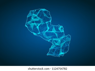 Abstract mash line and point scales on dark background with map of paraguay. Abstract network vector concept of paraguay. Internet and connection map background. Triangle, dot ,line Vector.