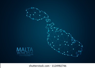Abstract mash line and point scales on Dark background with map of Malta. Wire frame 3D mesh polygonal network line, design polygon sphere, dot and structure. Vector illustration eps 10.